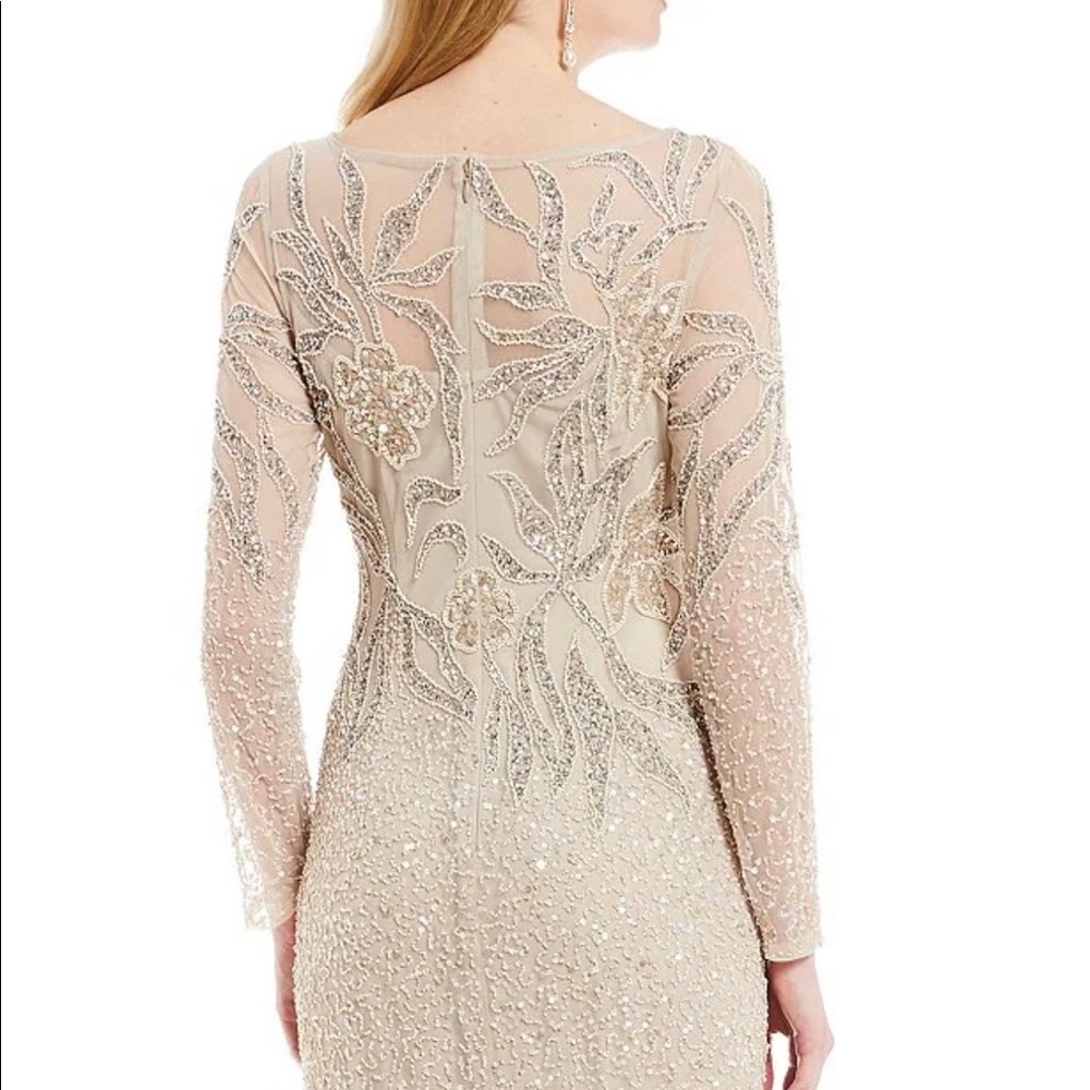 Adrianna Papell FLORAL BEADED DRESS WITH SHEER LONG SLEEVES IN BISCOTTI